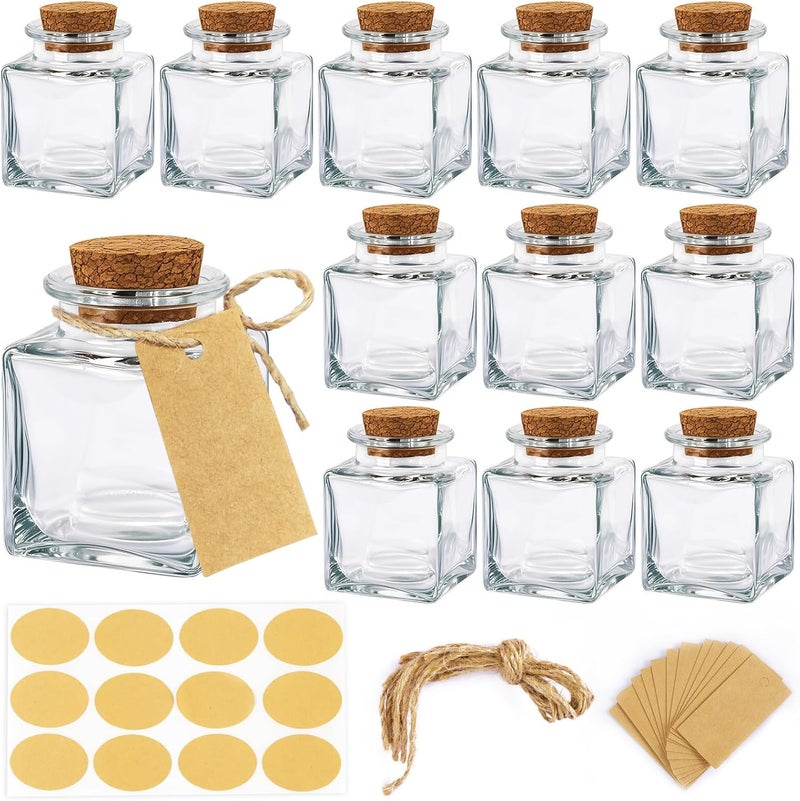 OurWarm 12 Pack Square Small Glass Bottles with Lids, 1.7OZ Mini Glass Jars with Cork Tag Label and Twine, Versatile Small Bottles for Candy Potion Spice DIY Crafts Gift Birthday Wedding Party Favors - Image 1